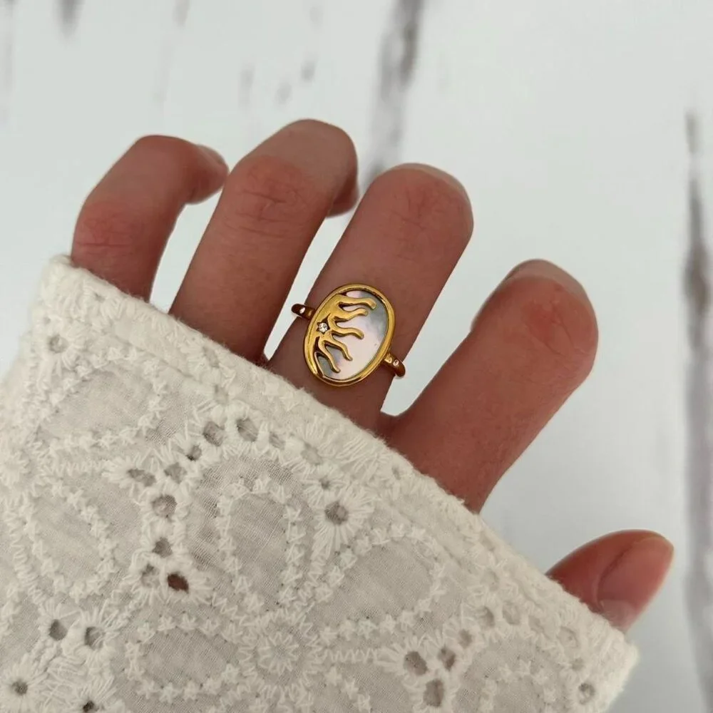 Sku:0362 gold ring sun pearl moon stone zircon stone made of stainless‎ steel